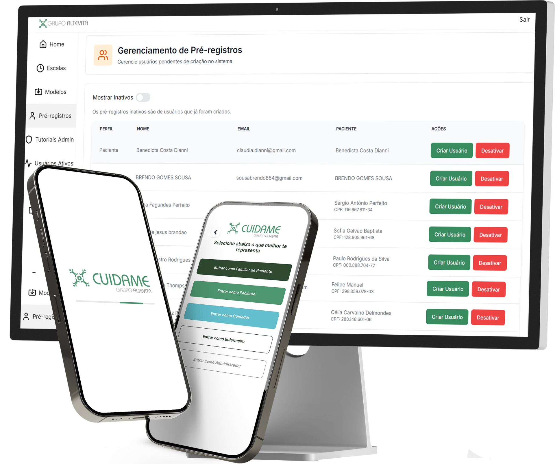 App Cuidame mostrando painel de gerenciamento e app mobile