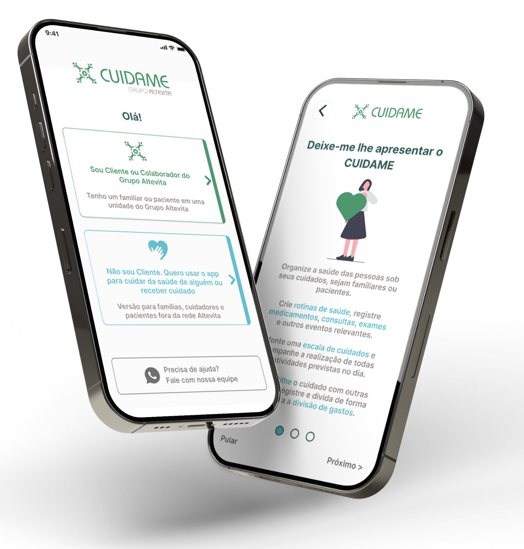 App Cuidame em dois smartphones mostrando tela de seleção de perfil e apresentação do app