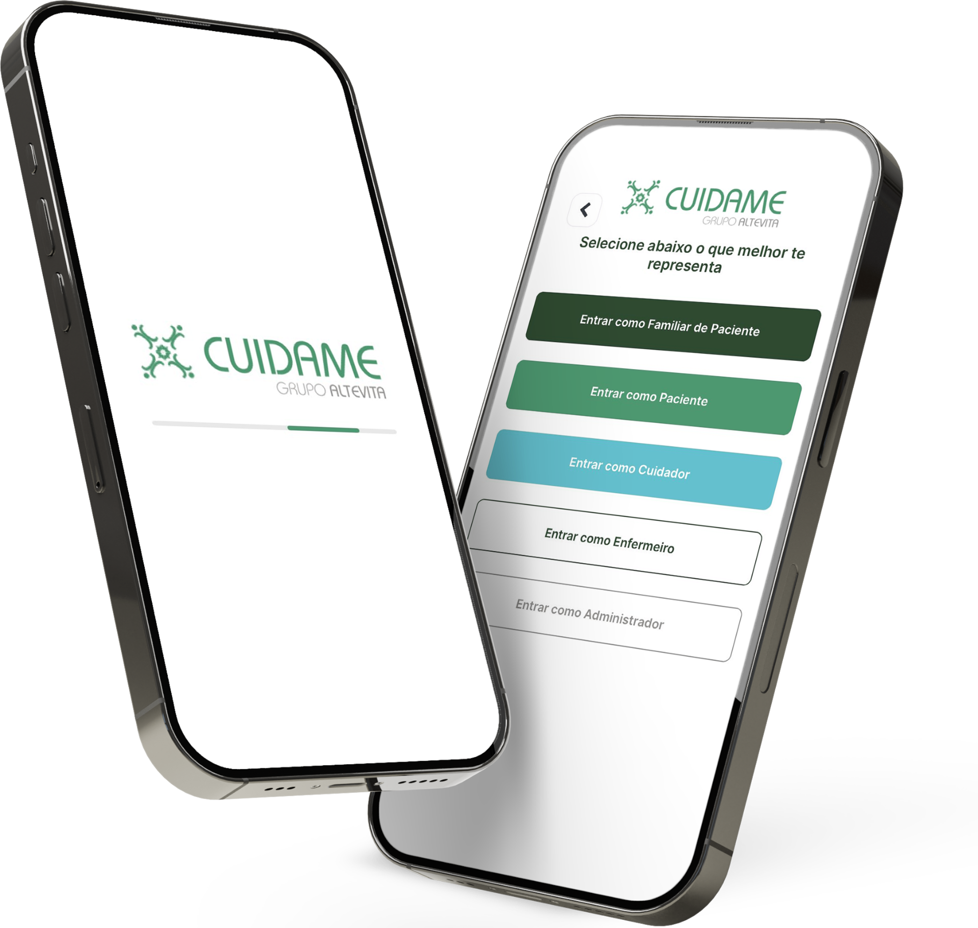 App Cuidame em dois smartphones mostrando tela de login e seleção de perfil