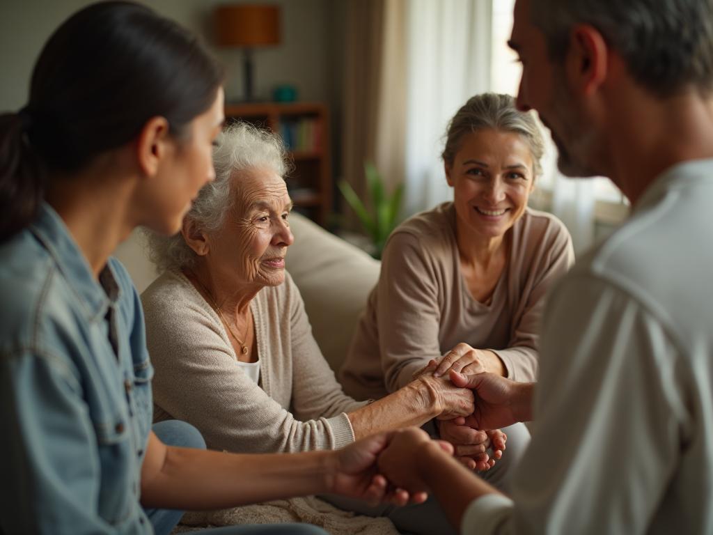 Família multigeracional cuidando de idosa com carinho e amor